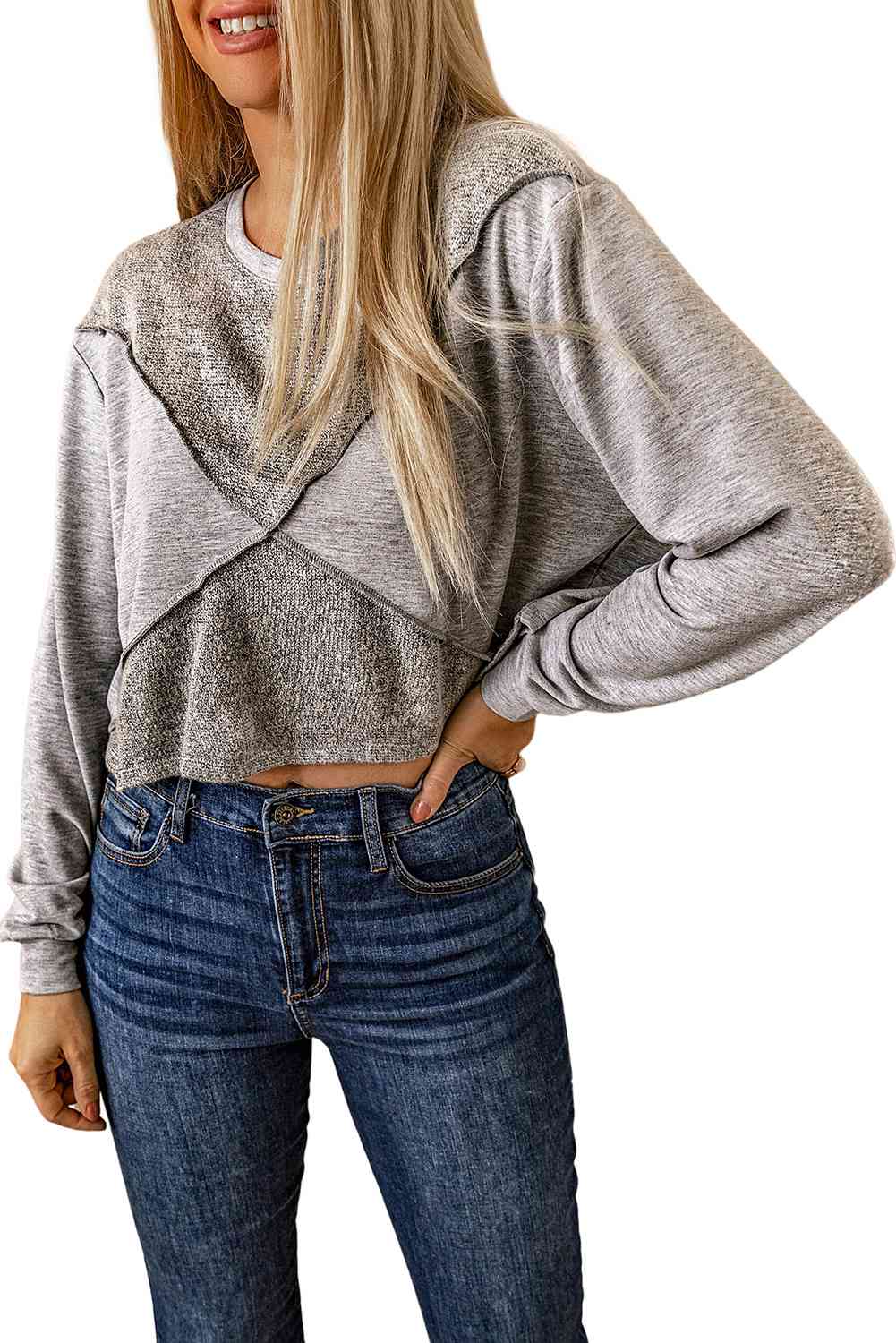 Dark Slate Gray Double Take Exposed Seam Round Neck Cropped Top