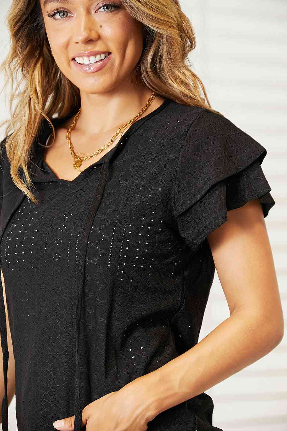 Dark Slate Gray Double Take Eyelet Tie-Neck Flutter Sleeve Blouse