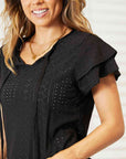 Dark Slate Gray Double Take Eyelet Tie-Neck Flutter Sleeve Blouse