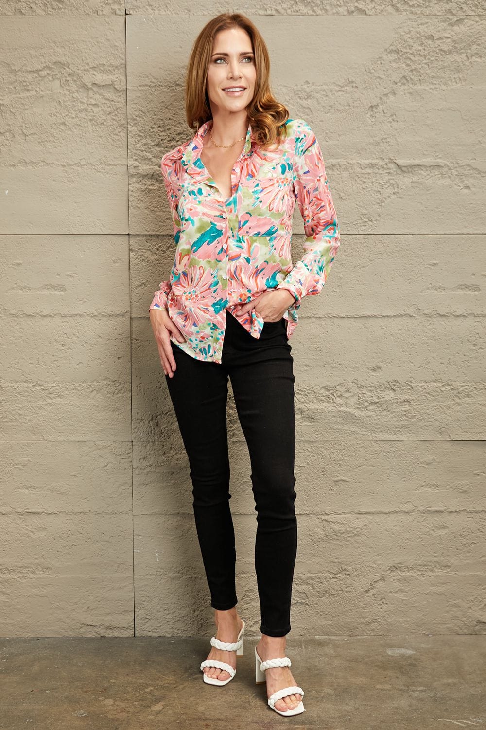 Rosy Brown Double Take Floral Long Sleeve Collared Shirt