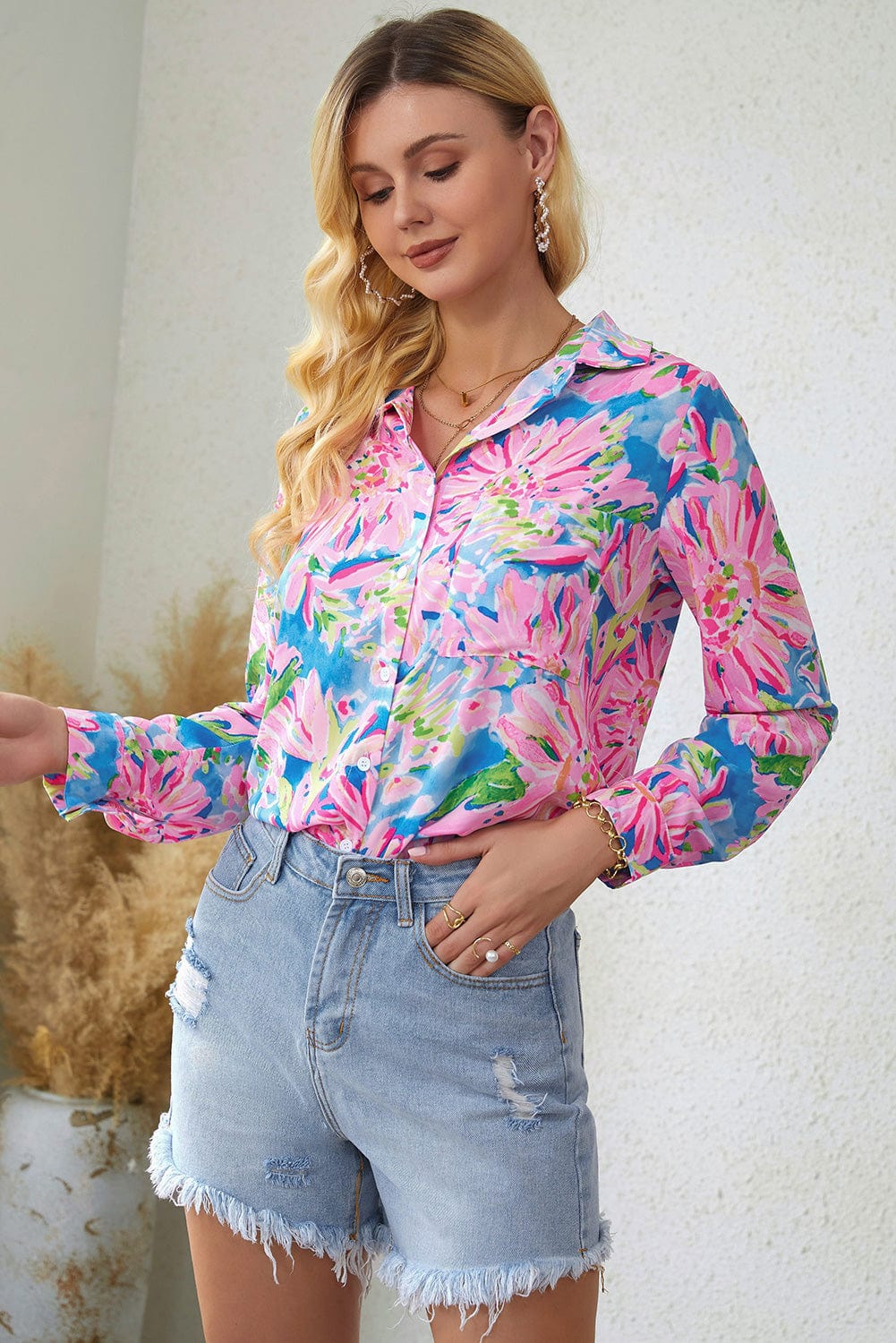 Gray Double Take Floral Long Sleeve Collared Shirt