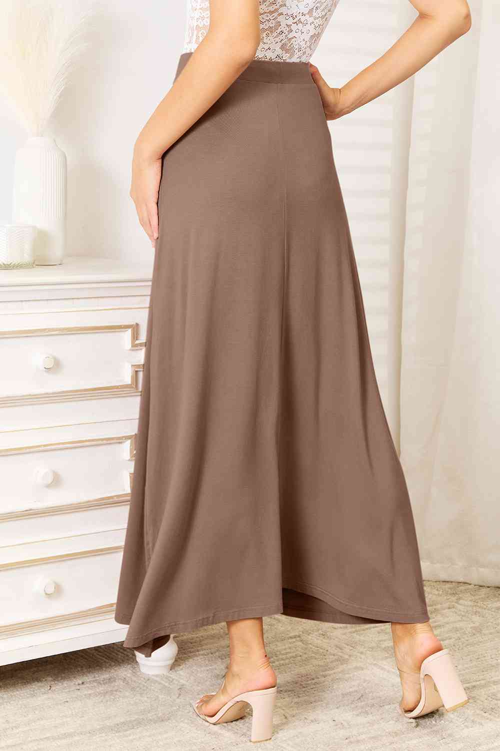 Light Gray Double Take Full Size Soft Rayon Drawstring Waist Maxi Skirt Rayon