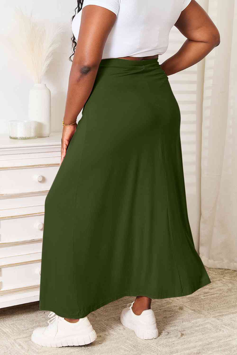 Light Gray Double Take Full Size Soft Rayon Drawstring Waist Maxi Skirt Rayon
