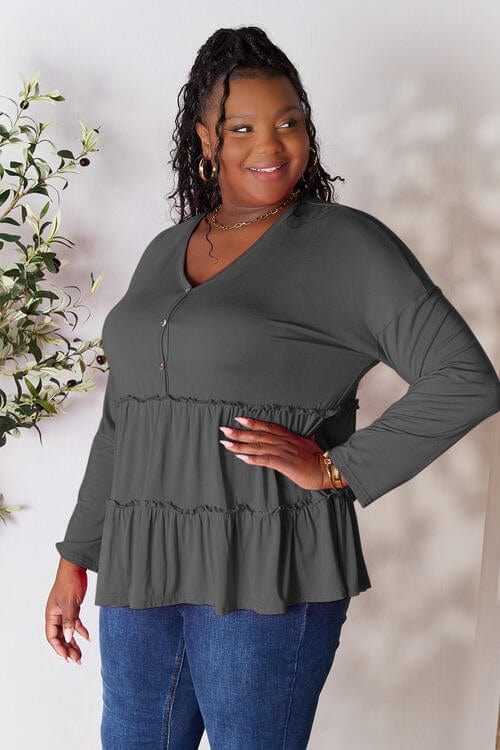 Gray Double Take Half Button Long Sleeve Ruffle Hem Blouse