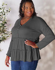 Gray Double Take Half Button Long Sleeve Ruffle Hem Blouse