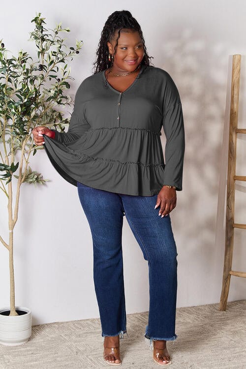 Gray Double Take Half Button Long Sleeve Ruffle Hem Blouse