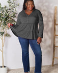 Gray Double Take Half Button Long Sleeve Ruffle Hem Blouse