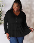 Black Double Take Half Button Long Sleeve Ruffle Hem Blouse