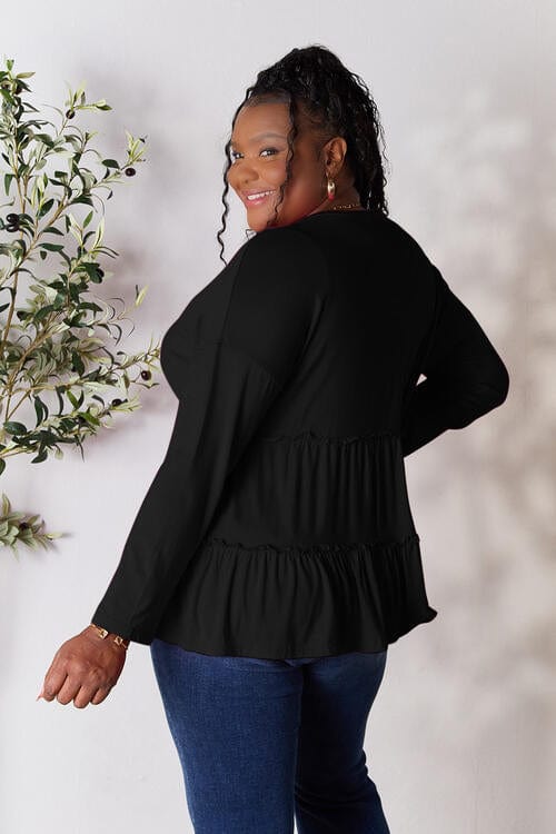 Black Double Take Half Button Long Sleeve Ruffle Hem Blouse