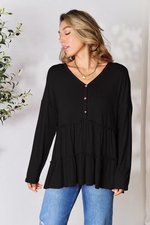 Black Double Take Half Button Long Sleeve Ruffle Hem Blouse