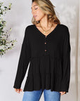 Black Double Take Half Button Long Sleeve Ruffle Hem Blouse