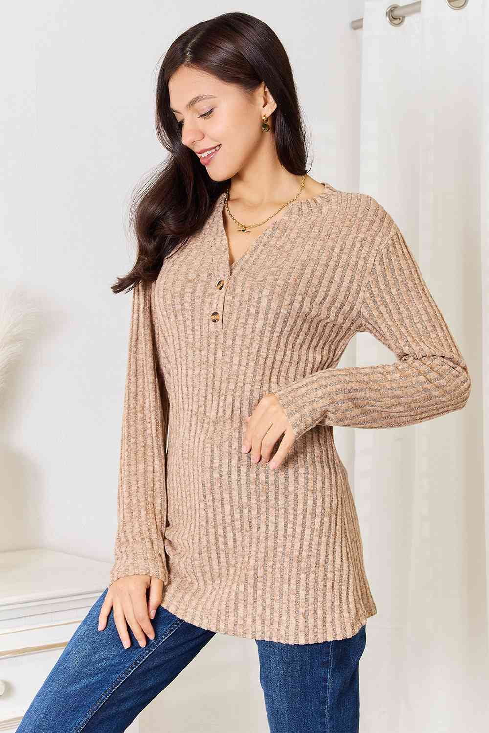 Light Gray Double Take Notched Neck Ribbed Long Sleeve T-Shirt