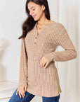 Light Gray Double Take Notched Neck Ribbed Long Sleeve T-Shirt