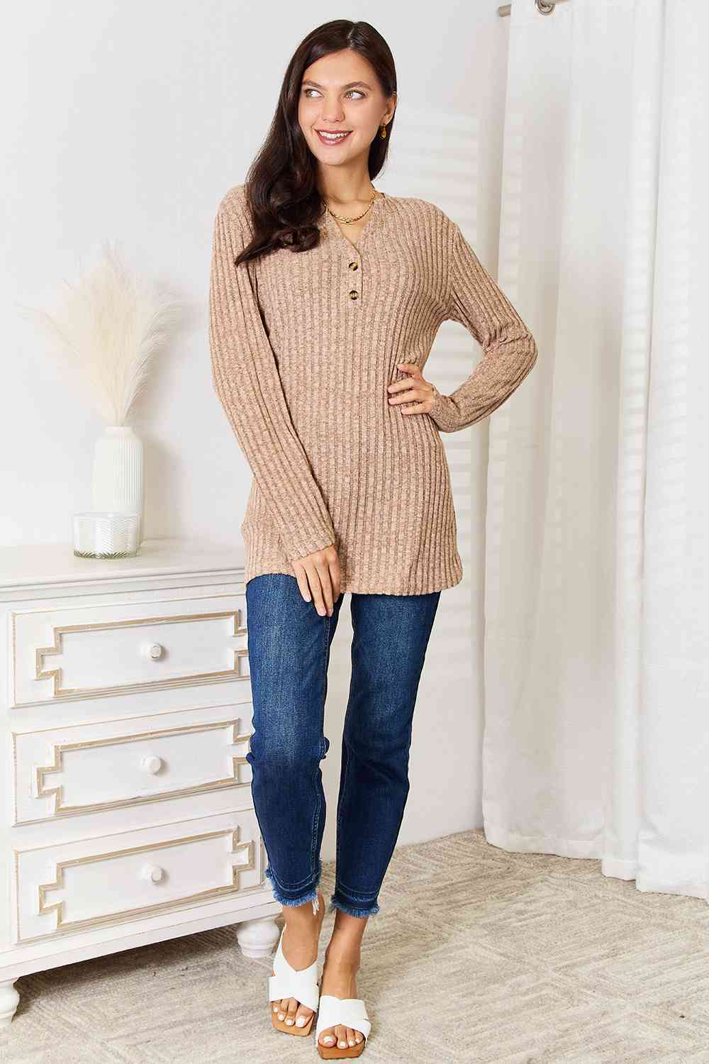 Light Gray Double Take Notched Neck Ribbed Long Sleeve T-Shirt