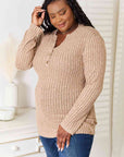 Light Gray Double Take Notched Neck Ribbed Long Sleeve T-Shirt