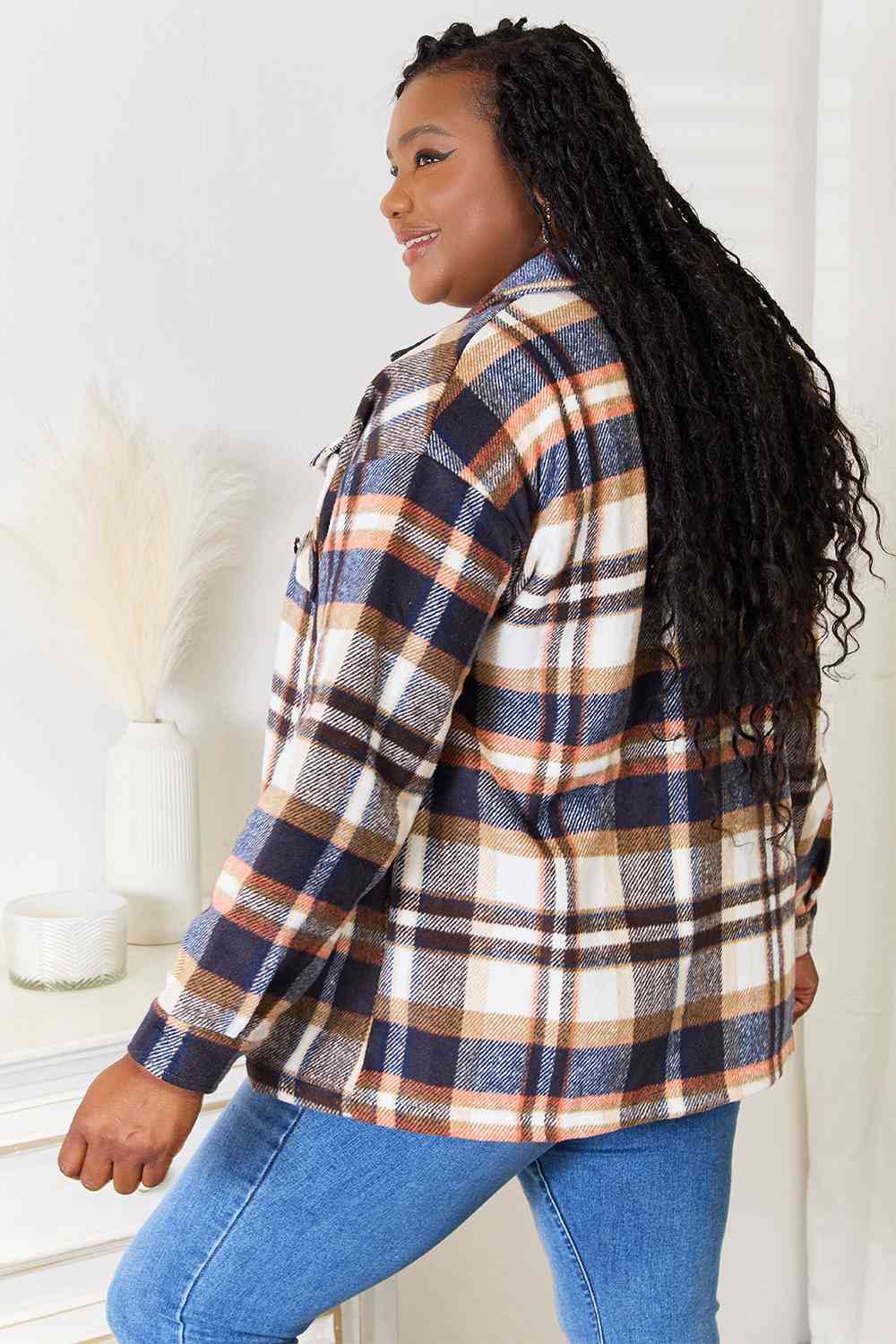 Dark Slate Gray Double Take Plaid Button Front Shirt Jacket with Breast Pockets