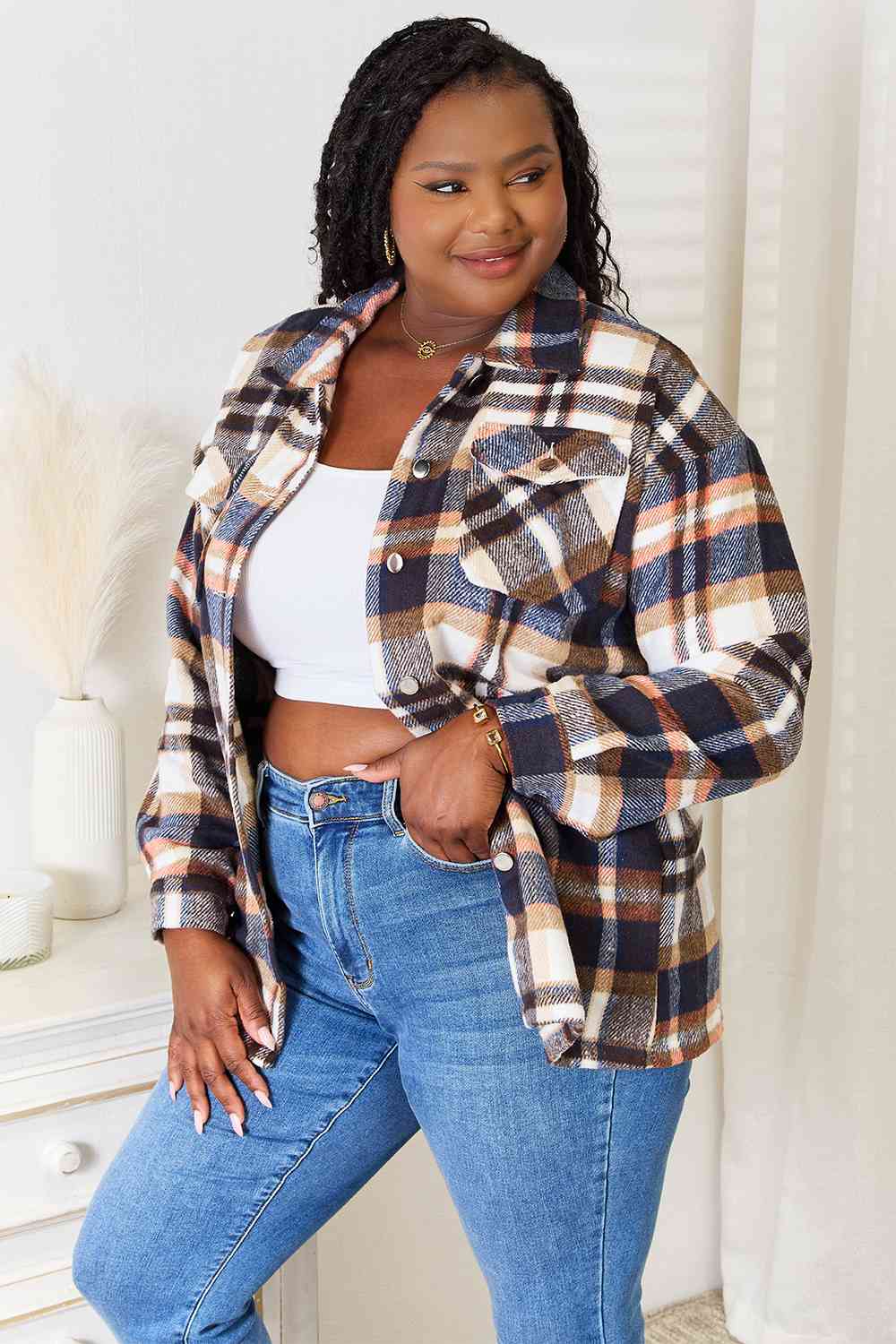 Light Gray Double Take Plaid Button Front Shirt Jacket with Breast Pockets