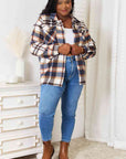 Light Gray Double Take Plaid Button Front Shirt Jacket with Breast Pockets