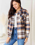 Light Gray Double Take Plaid Button Front Shirt Jacket with Breast Pockets