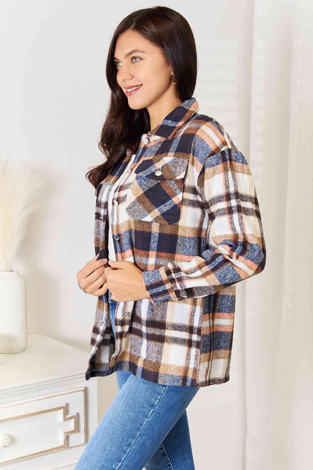 Light Gray Double Take Plaid Button Front Shirt Jacket with Breast Pockets