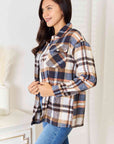 Light Gray Double Take Plaid Button Front Shirt Jacket with Breast Pockets