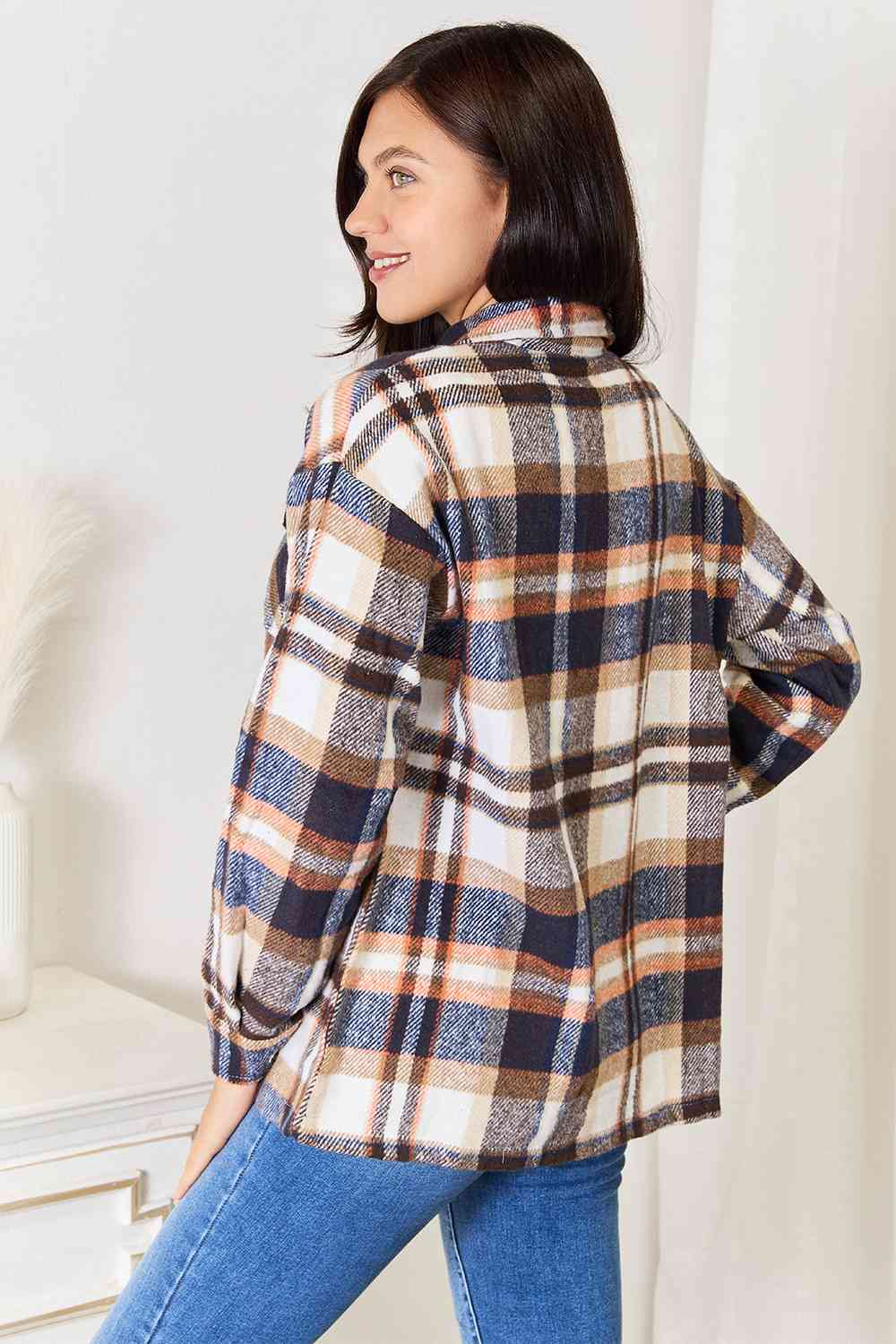 Light Gray Double Take Plaid Button Front Shirt Jacket with Breast Pockets