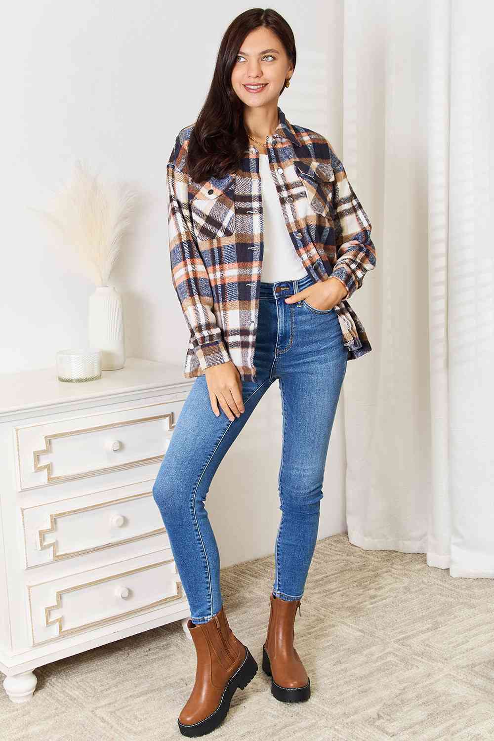 Light Gray Double Take Plaid Button Front Shirt Jacket with Breast Pockets