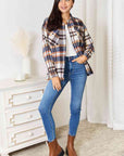 Light Gray Double Take Plaid Button Front Shirt Jacket with Breast Pockets