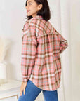 Light Gray Double Take Plaid Collared Neck Long Sleeve Button-Up Shirt