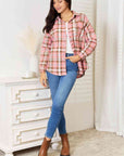 Light Gray Double Take Plaid Collared Neck Long Sleeve Button-Up Shirt