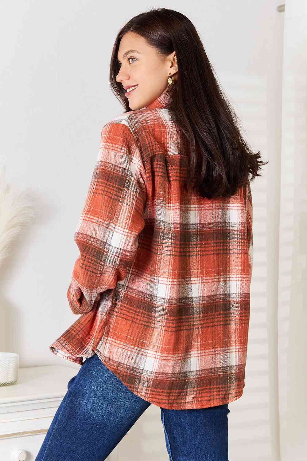 Light Gray Double Take Plaid Collared Neck Long Sleeve Shirt