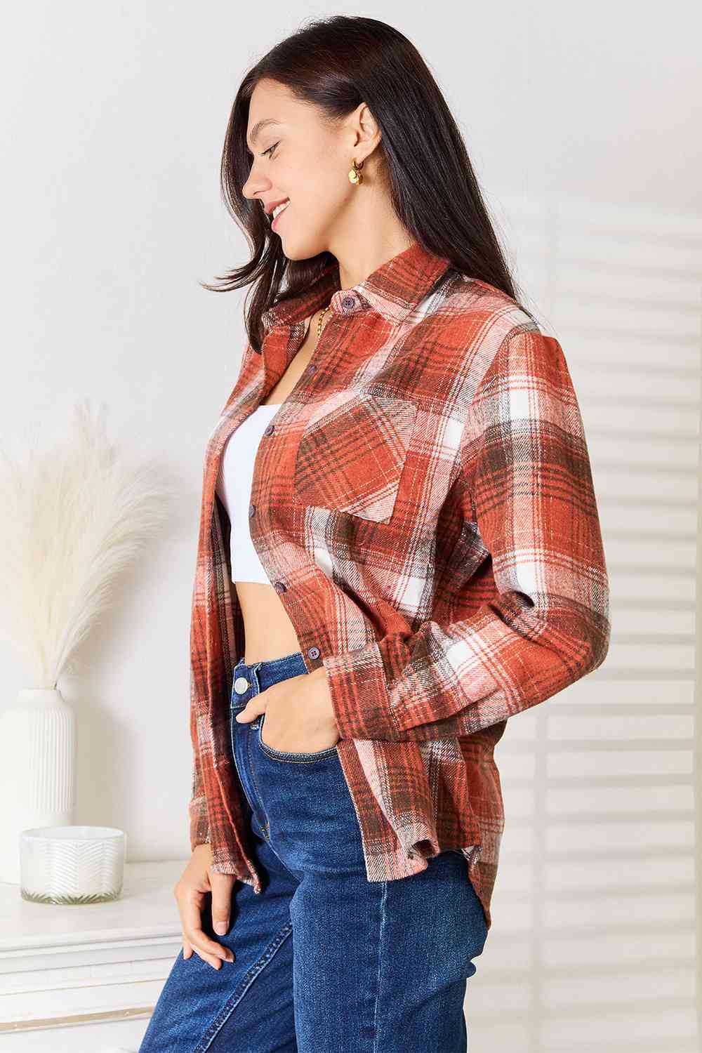 Light Gray Double Take Plaid Collared Neck Long Sleeve Shirt