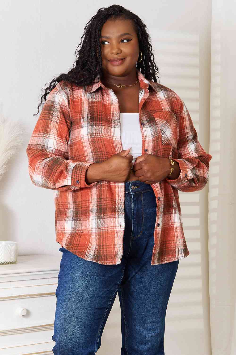 Light Gray Double Take Plaid Collared Neck Long Sleeve Shirt