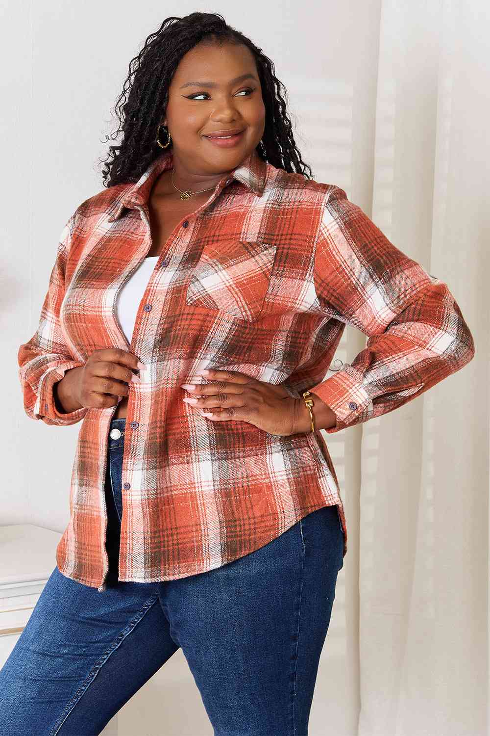 Light Gray Double Take Plaid Collared Neck Long Sleeve Shirt