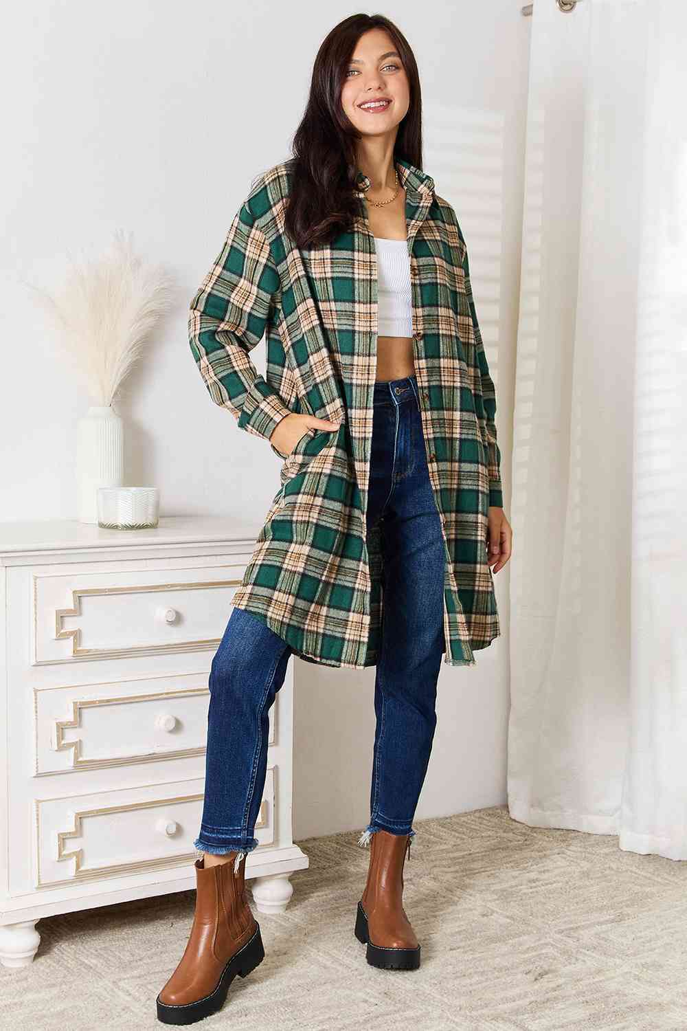 Light Gray Double Take Plaid Collared Neck Long Sleeve Shirt