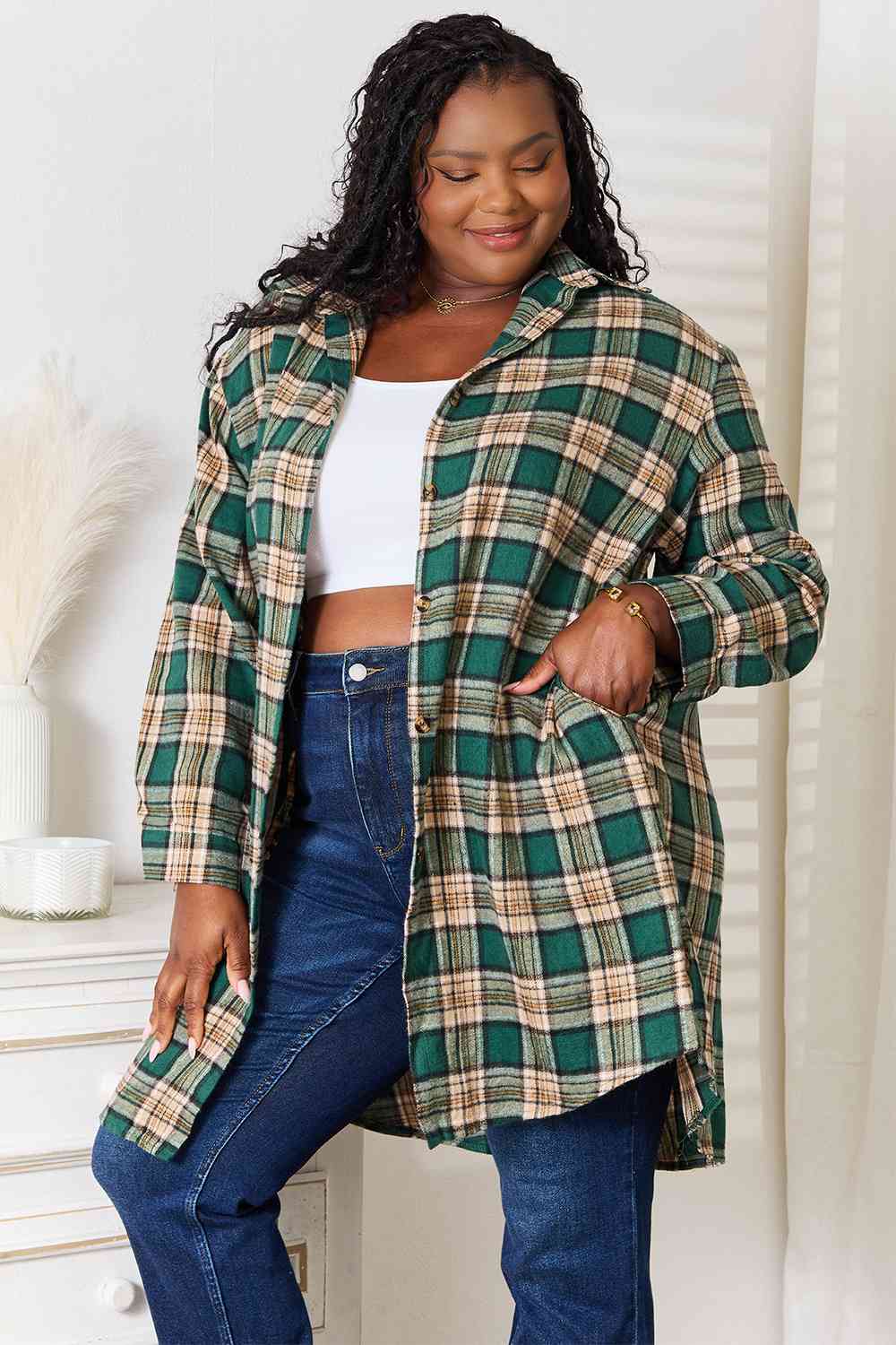 Light Gray Double Take Plaid Collared Neck Long Sleeve Shirt