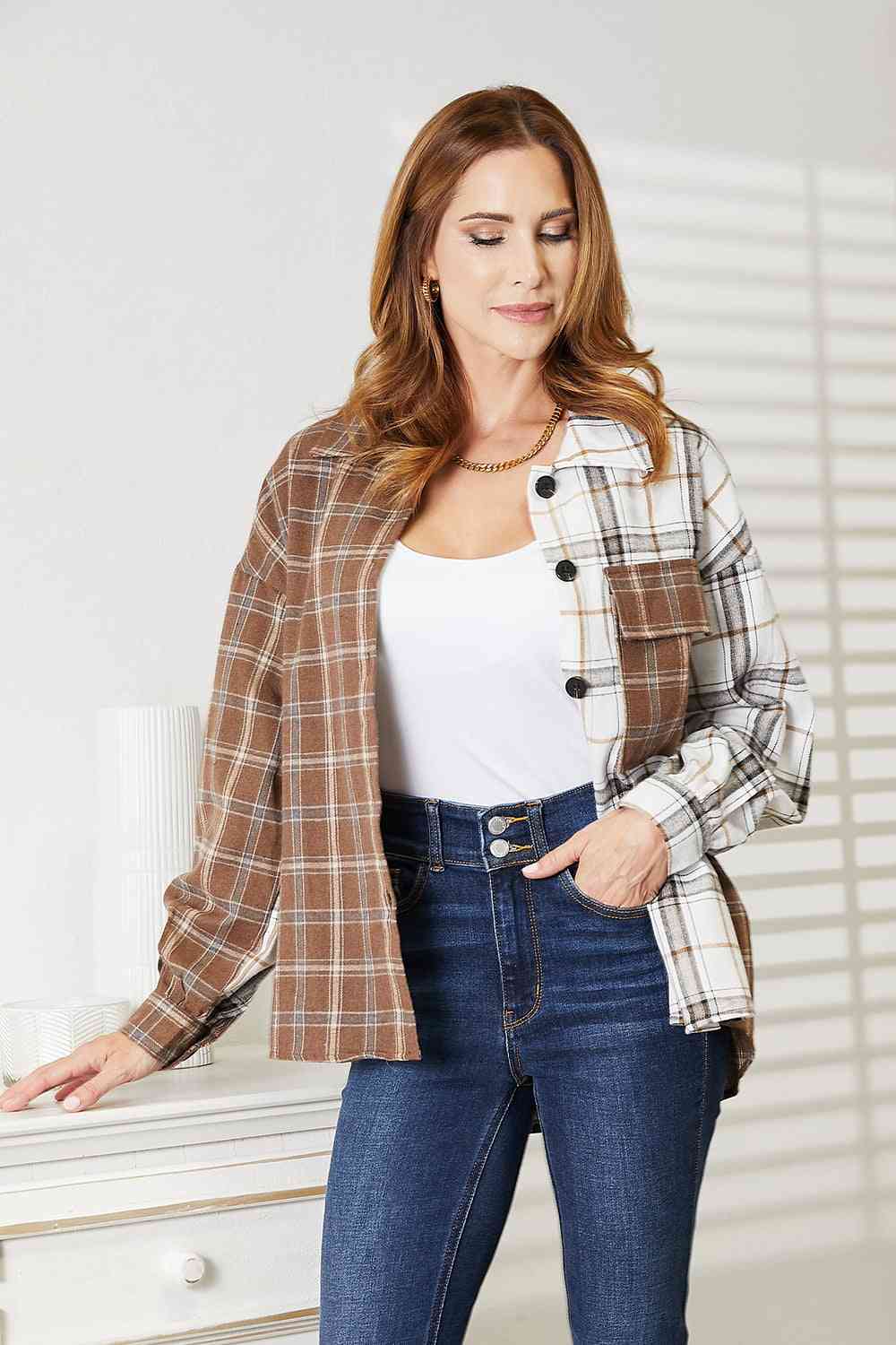 Light Gray Double Take Plaid Contrast Button Up Shirt Jacket