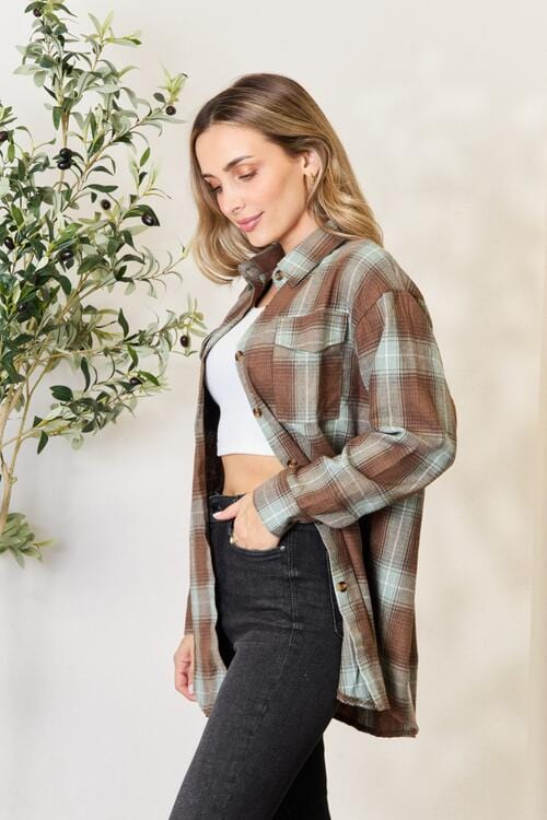 Light Gray Double Take Plaid Dropped Shoulder Shirt