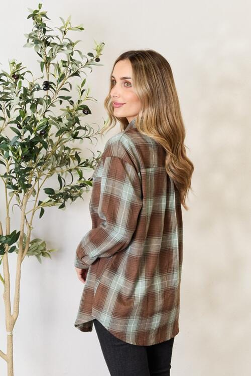 Light Gray Double Take Plaid Dropped Shoulder Shirt