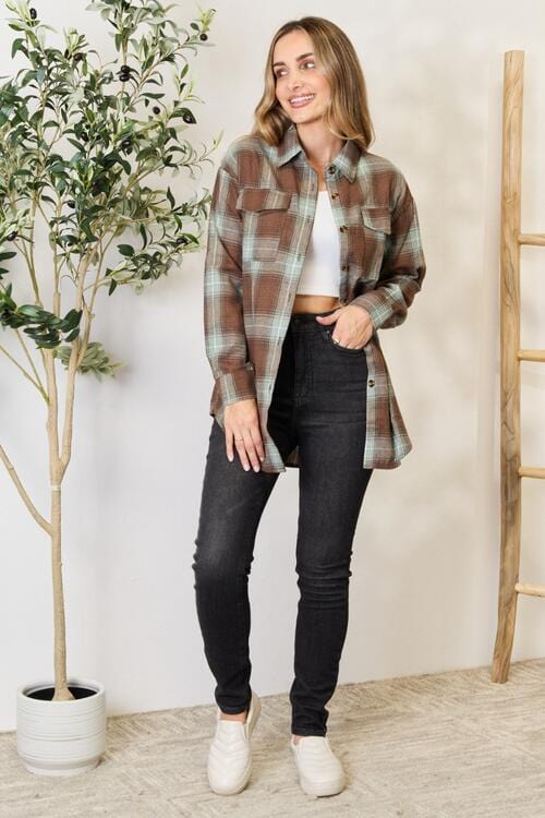 Light Gray Double Take Plaid Dropped Shoulder Shirt