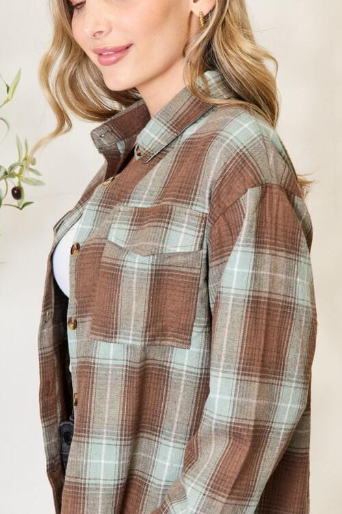 Gray Double Take Plaid Dropped Shoulder Shirt