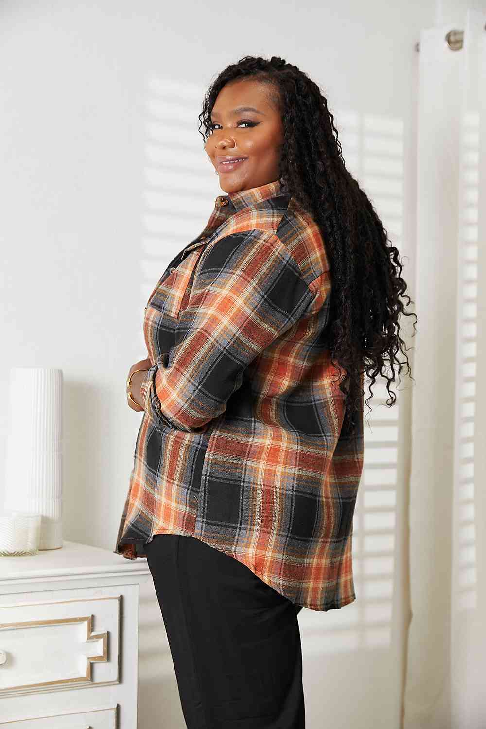 Light Gray Double Take Plaid Dropped Shoulder Shirt