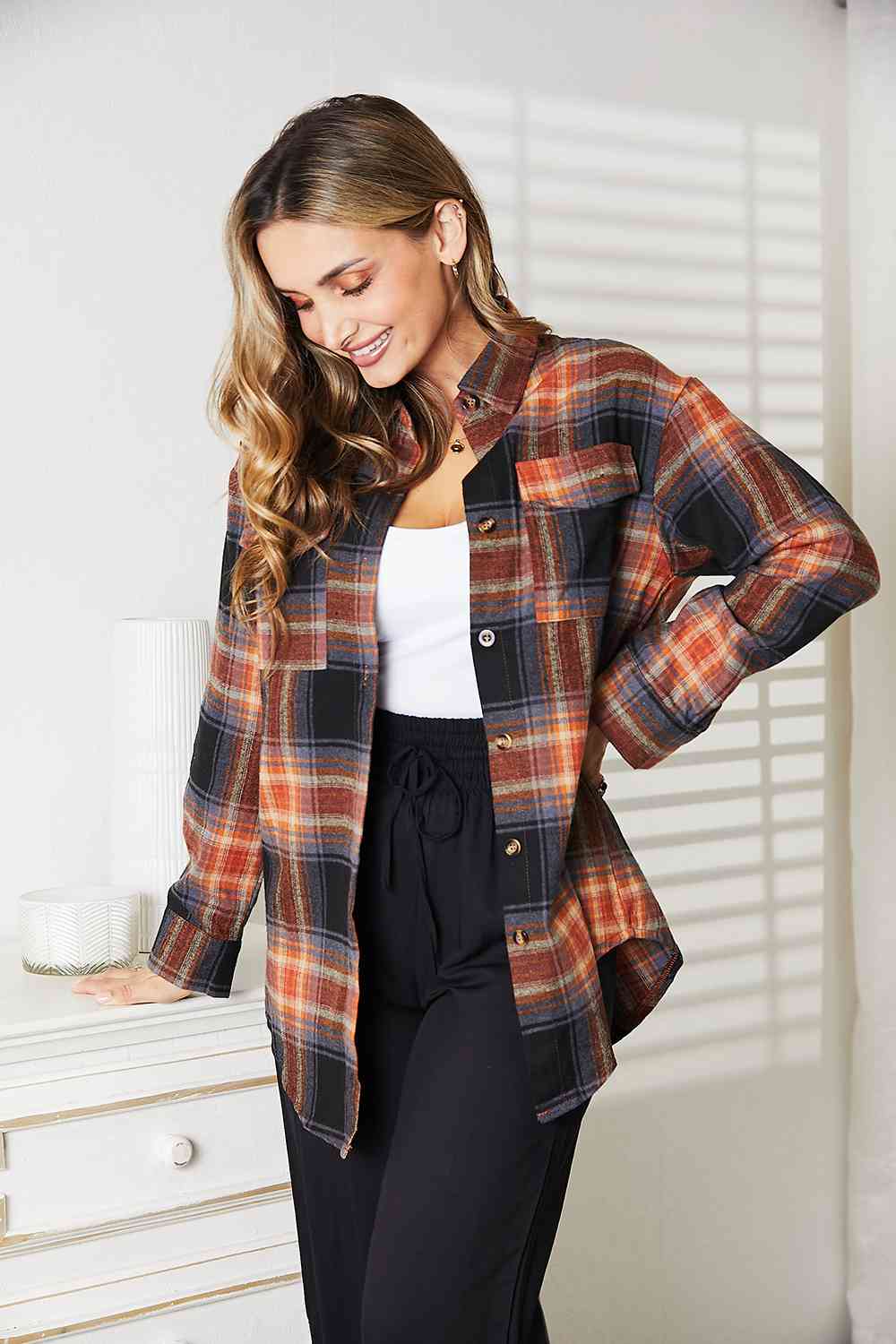 Light Gray Double Take Plaid Dropped Shoulder Shirt