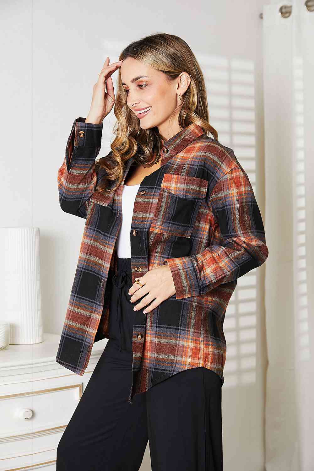 Light Gray Double Take Plaid Dropped Shoulder Shirt