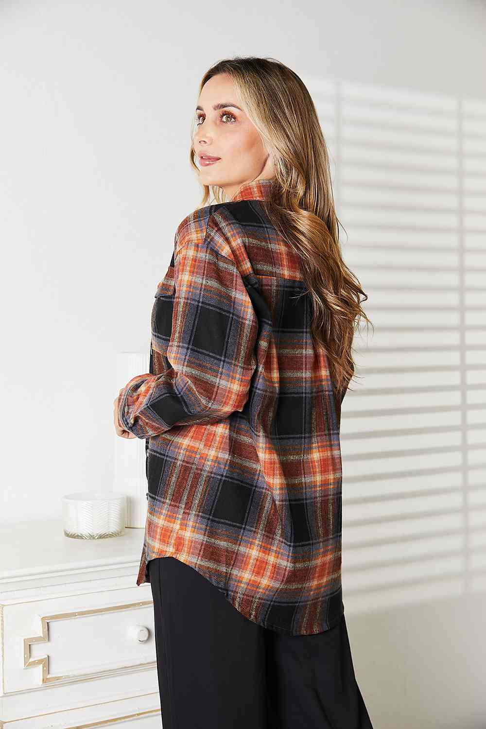 Light Gray Double Take Plaid Dropped Shoulder Shirt