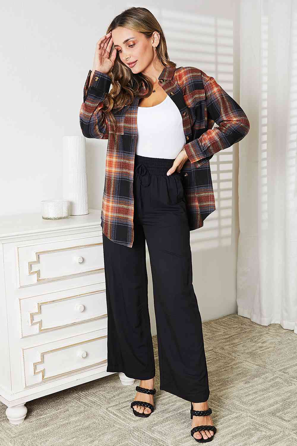 Light Gray Double Take Plaid Dropped Shoulder Shirt