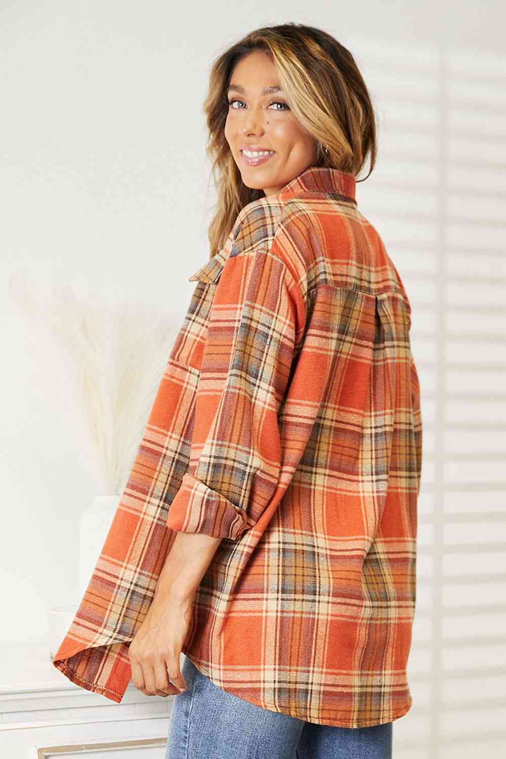 Light Gray Double Take Plaid Dropped Shoulder Shirt