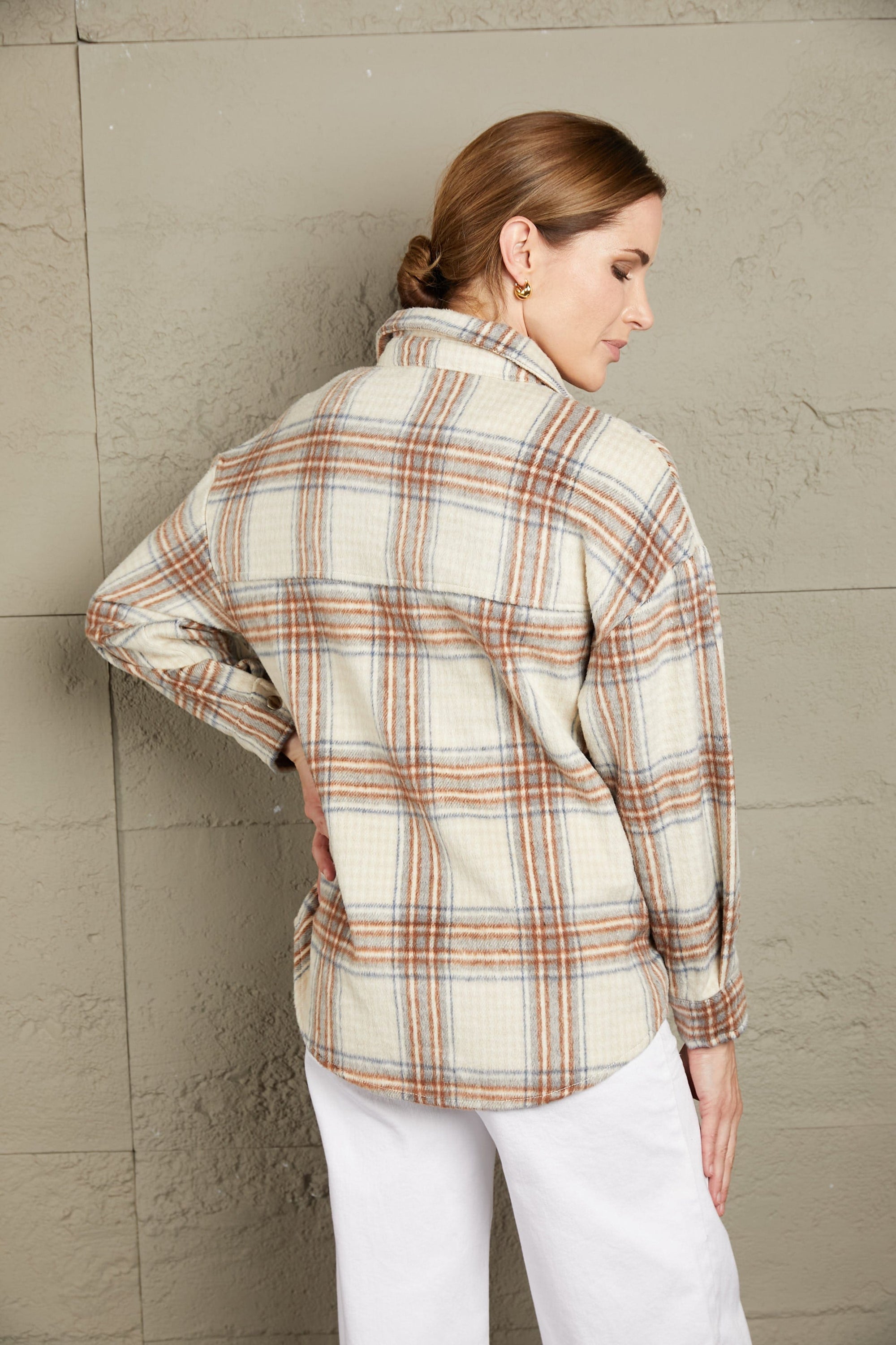 Rosy Brown Double Take Plaid Half-Zip Collared Curved Hem Sweatshirt