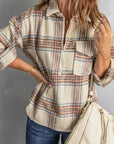 Dim Gray Double Take Plaid Half-Zip Collared Curved Hem Sweatshirt