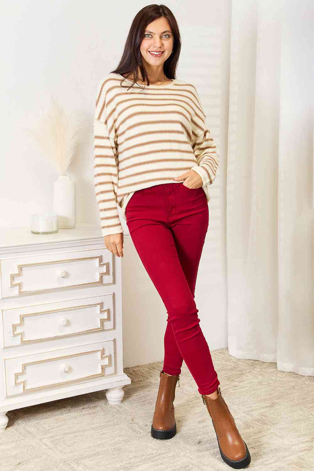 Light Gray Double Take Striped Boat Neck Sweater